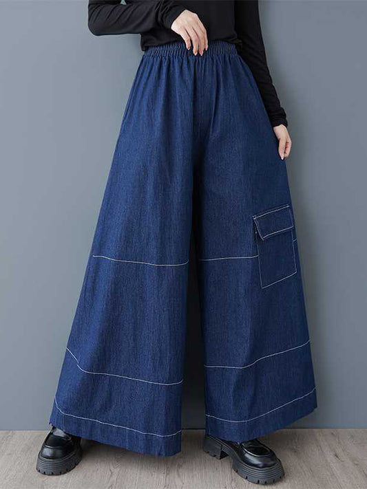 High Waisted Loose Elasticity Pockets Culotte Jean Pants Bottoms