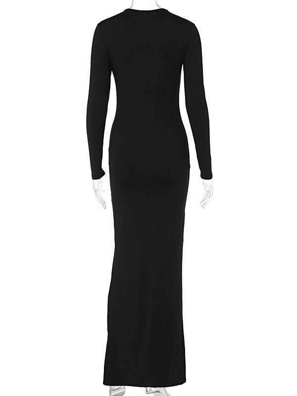 Bodycon Long Sleeves See-Through Solid Color Round-Neck Maxi Dresses