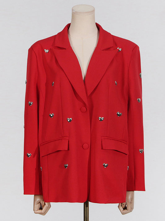 Long Sleeves Loose Buttoned Shoulder Pad Solid Color Split-Joint Notched Collar Blazer Outerwear