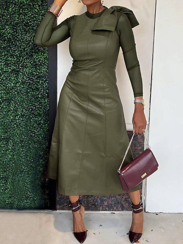 Long Sleeves Solid Color Split-Joint Round-Neck Inner Shirts + A-Line Bowknot Midi Dresses Two Pieces Set