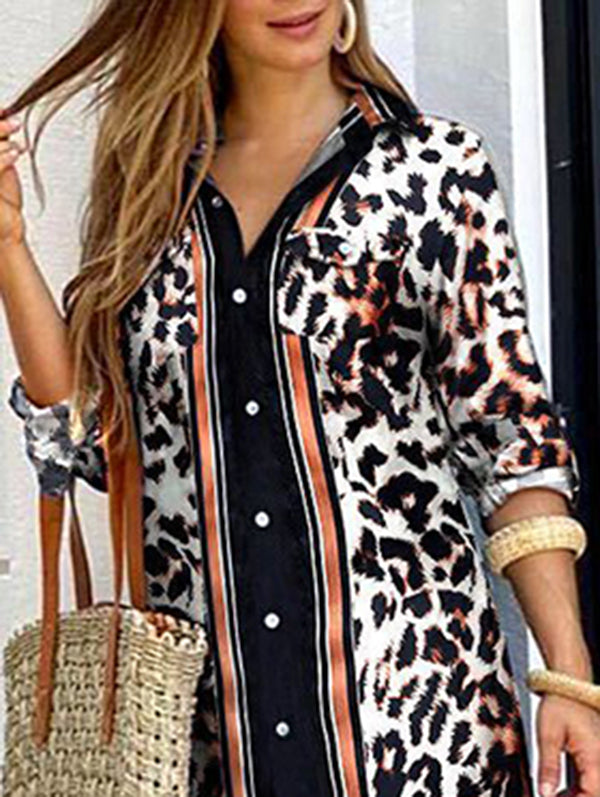 Long Sleeves Loose Leopard Split-Joint Split-Side Striped Lapel Maxi Dresses Shirt Dress