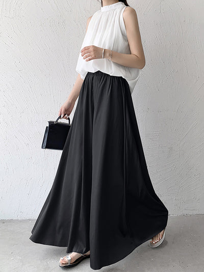 High Waisted Loose Elasticity Pleated Solid Color Culotte Pants