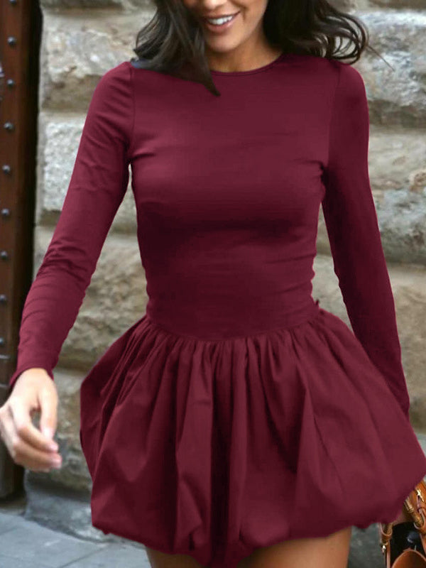 Long Sleeves Skinny Pleated Solid Color Split-Joint Round-Neck Mini Dresses