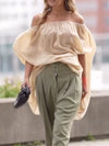 Half Sleeves Loose See-Through Solid Color Off-The-Shoulder Blouses&Shirts Tops