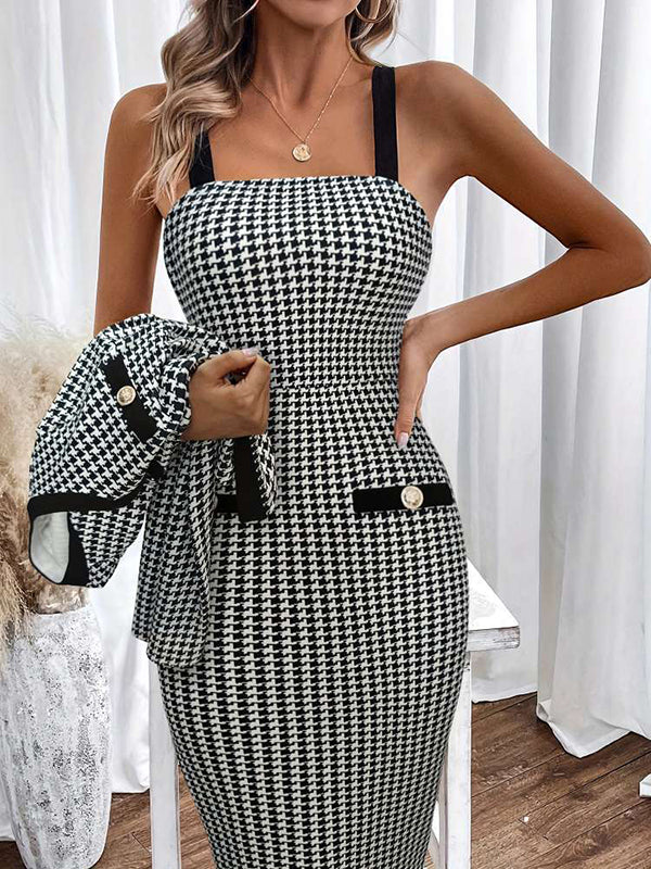 Long Sleeves Buttoned Plaid Round-Neck Outerwear + Midi Dresses Two Pieces Set