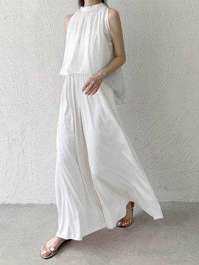 High Waisted Loose Elasticity Pleated Solid Color Culotte Pants