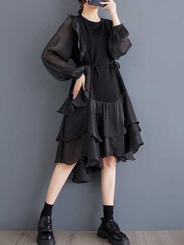 High-Low Long Sleeves Contrast Color Ruffle Trim Split-Joint Round-Neck Midi Dresses