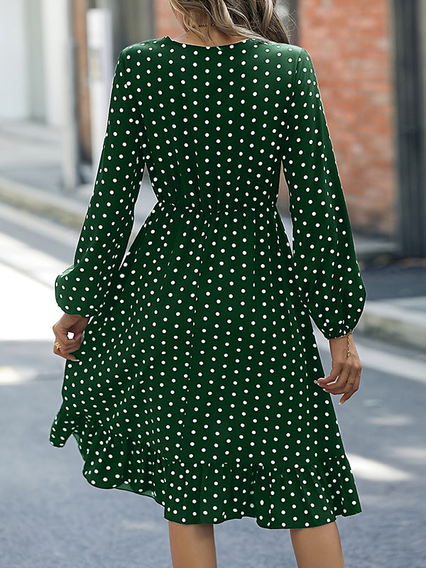 Long Sleeves Loose Elasticity Pleated Polka-Dot Split-Joint V-Neck Midi Dresses