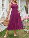 A-Line Loose Pleated Pockets Solid Color Split-Joint Round-Neck Midi Dresses