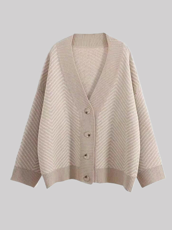 Long Sleeves Loose Buttoned Contrast Color V-Neck Cardigan Tops