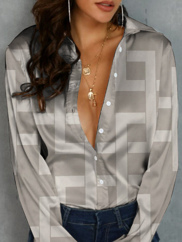 Long Sleeves Loose Buttoned Printed Lapel Blouses&Shirts Tops