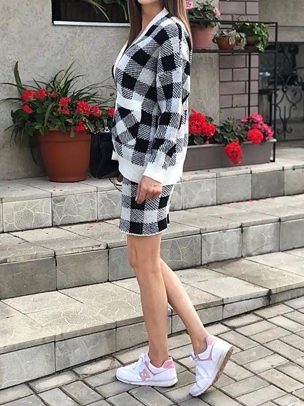 Long Sleeves Loose Buttoned Plaid Pockets Split-Joint V-Neck Cardigan Tops + Skirts Bottom Two Pieces Set