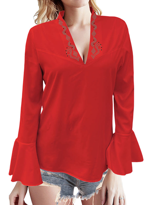 Flared Sleeves Long Sleeves Rhine Stones Solid Color V-Neck Blouses&Shirts Tops