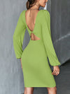 Bishop Sleeve High Waisted Backless Elasticity Solid Color U-Neck Mini Dresses