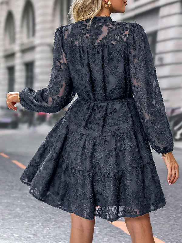 A-Line Long Sleeves Buttoned Elasticity Jacquard Pleated Solid Color Tied Waist Stand Collar Mini Dresses