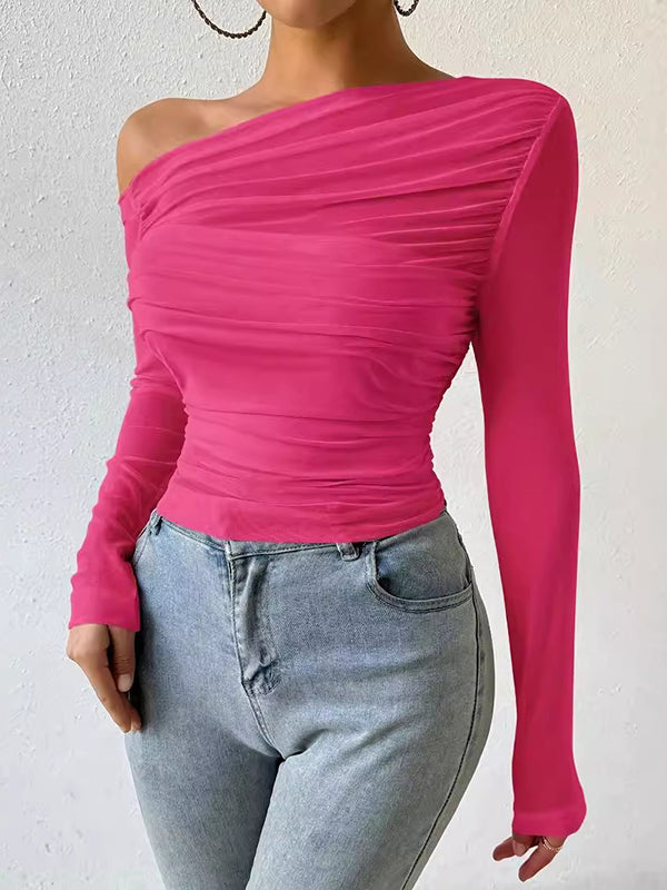 Long Sleeves Skinny Asymmetric Gauze Pleated See-Through Solid Color One-Shoulder T-Shirts Tops