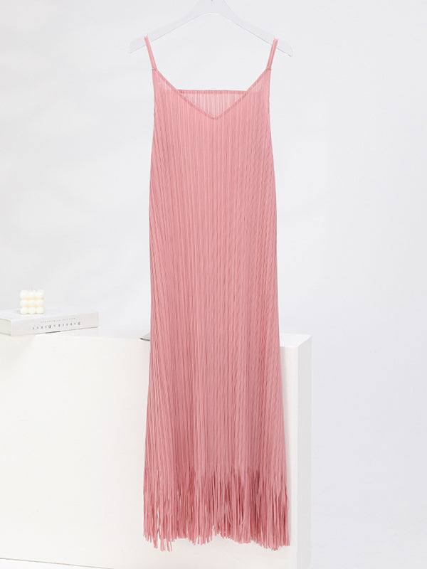 Loose Sleeveless Pleated Solid Color Tasseled Spaghetti-Neck Midi Dresses