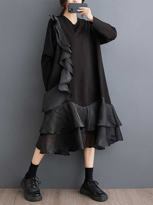 A-Line Long Sleeves Contrast Color Pockets Ruffle Trim Split-Joint V-Neck Midi Dresses