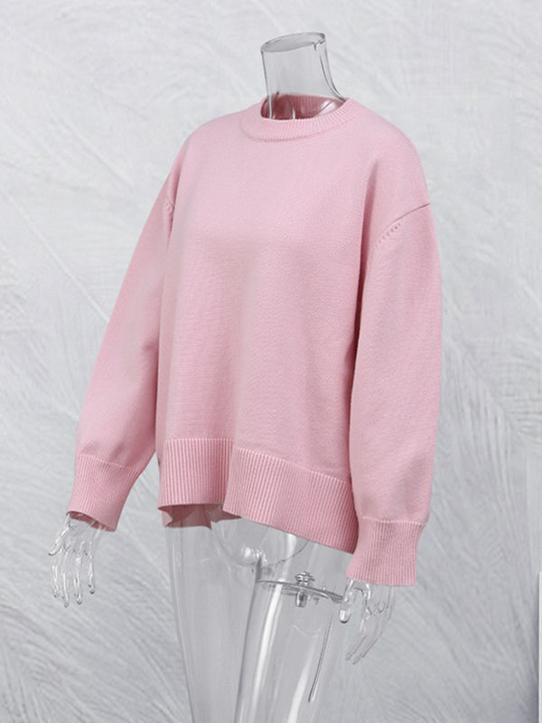 Long Sleeves Loose Solid Color Split-Joint Round-Neck Sweater Tops