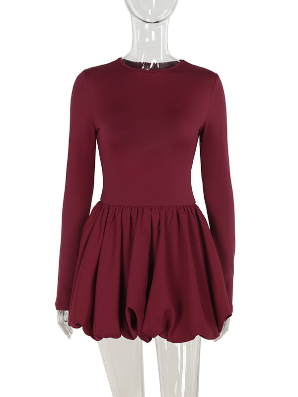 Long Sleeves Skinny Pleated Solid Color Split-Joint Round-Neck Mini Dresses