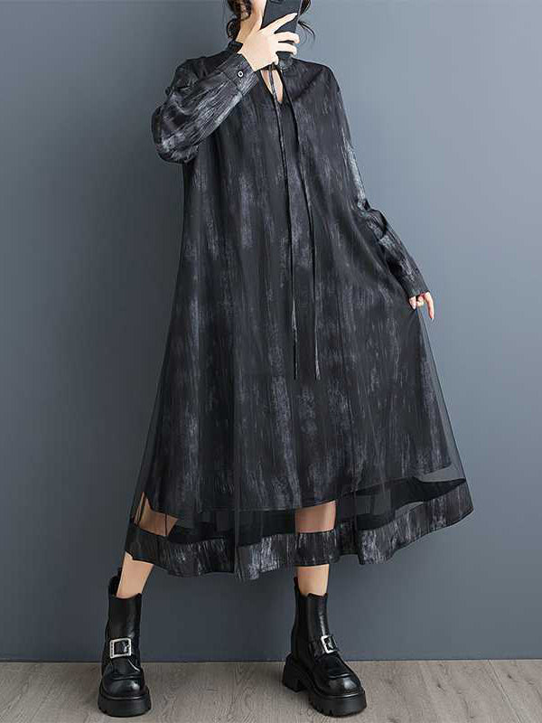 A-Line Long Sleeves Hollow Printed Tied Round-Neck Midi Dresses