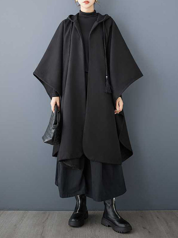 Batwing Sleeves Hooded Drawstring Pockets Split-Joint Tasseled Zipper Cape Outerwear Trench Coats