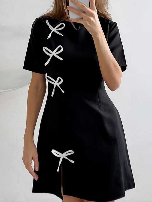 A-Line High Waisted Bowknot Split-Joint Split-Side Round-Neck Mini Dresses