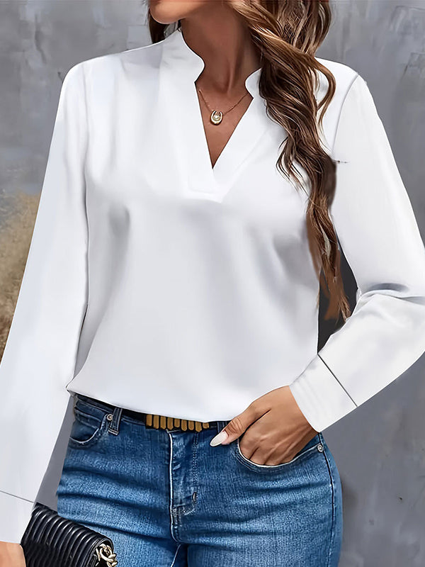 Long Sleeves Loose Solid Color Stand Collar Blouses&Shirts Tops