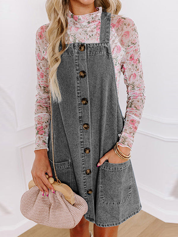 A-Line High Waisted Buttoned Pockets Square-Neck Suspender Dress