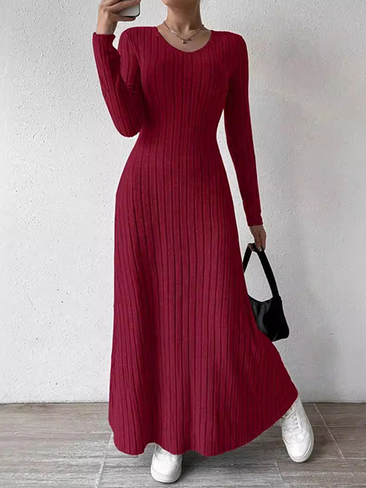 Long Sleeves Skinny Solid Color V-Neck Maxi Dresses Sweater Dresses