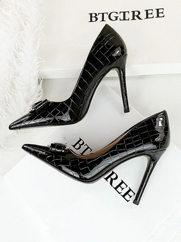 Belt Buckle Pointed-Toe Shiny Split-Joint Pumps