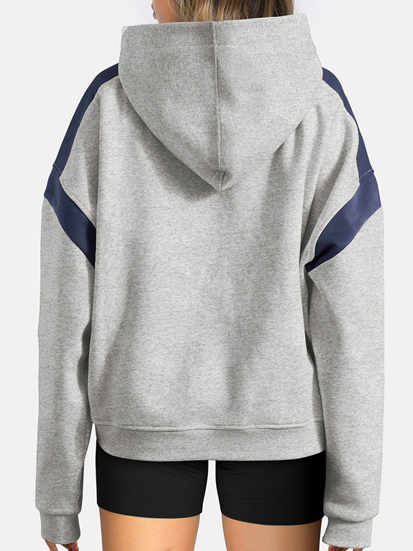 Hooded Long Sleeves Contrast Color Pockets Split-Joint Hoodies Tops