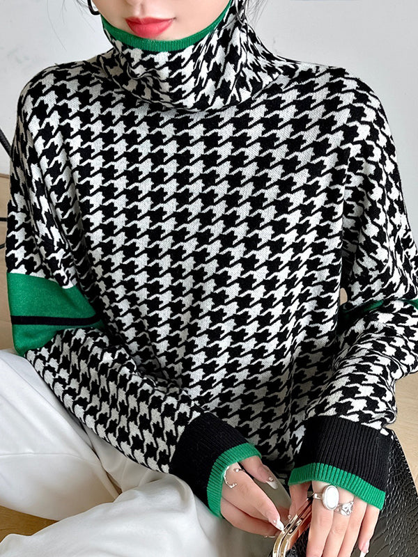 Long Sleeves Loose Contrast Color Houndstooth High Neck Pullovers Sweater Tops