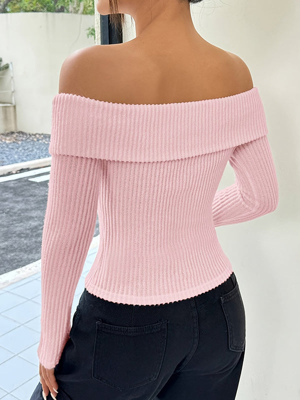 Long Sleeves Skinny Pleated Solid Color Split-Joint Off-The-Shoulder Sweater Tops