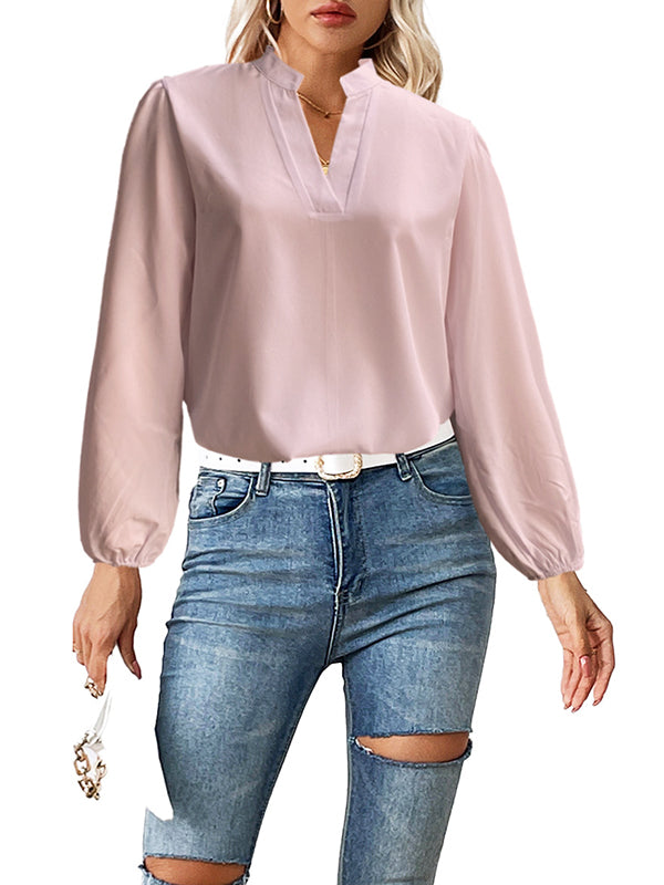 Long Sleeves Loose Elasticity Solid Color Stand Collar Blouses&Shirts Tops