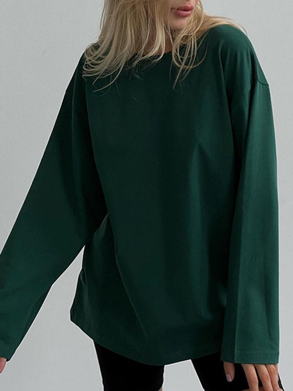 Long Sleeves Loose Solid Color Round-Neck T-Shirts Tops