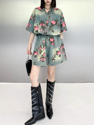 High-Low Loose Floral Printed Split-Joint Lapel Blouses&Shirts Tops