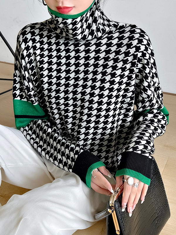 Long Sleeves Loose Contrast Color Houndstooth High Neck Pullovers Sweater Tops