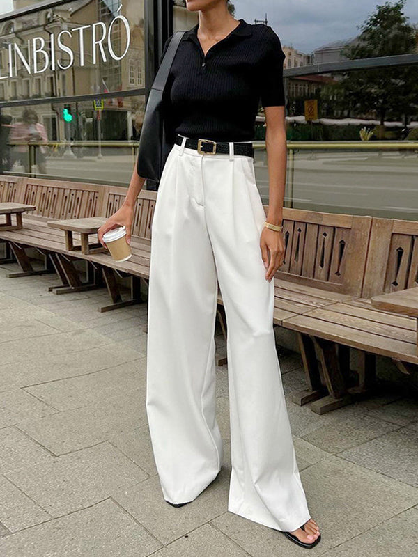 High Waisted Loose No Belt Pleated Solid Color Pants Trousers