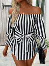 Long Sleeves Loose Contrast Color Elasticity Split-Joint Striped Tied Waist Off-The-Shoulder Blouses&Shirts Tops