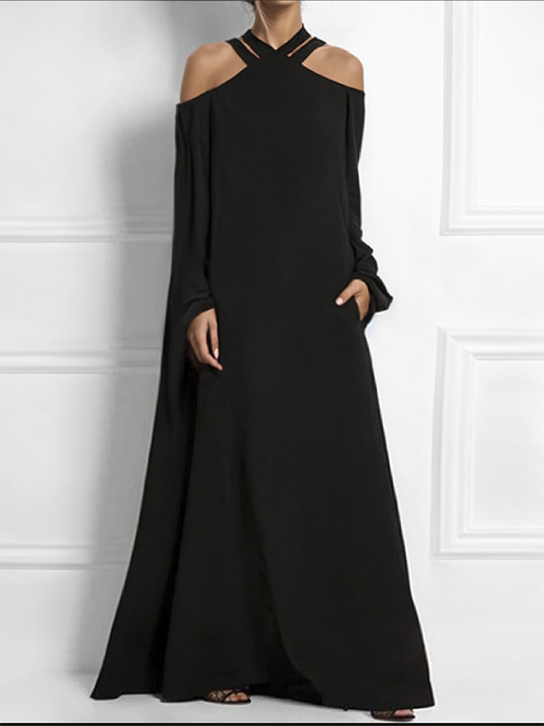 A-Line Long Sleeves Hollow Pockets Solid Color Cold Shoulder Maxi Dresses