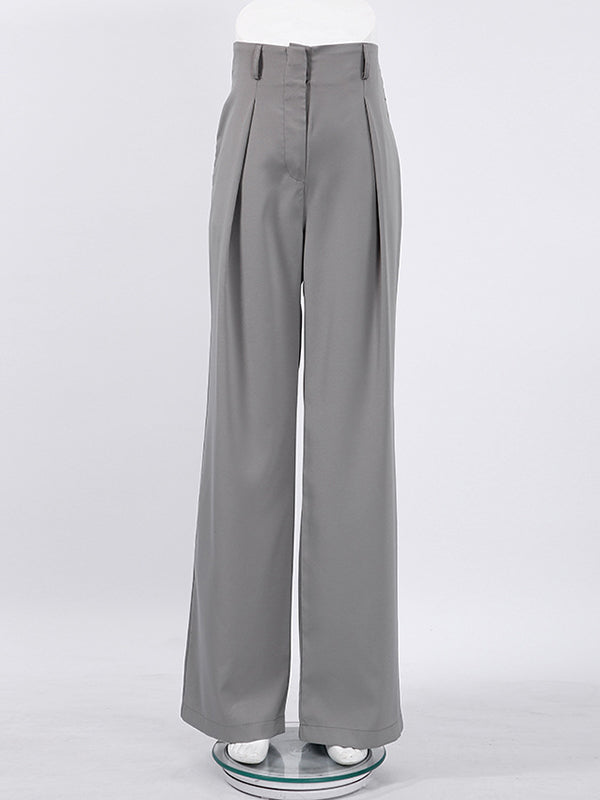 High Waisted Wide Leg Pleated Pockets Solid Color Suit Pants Trousers