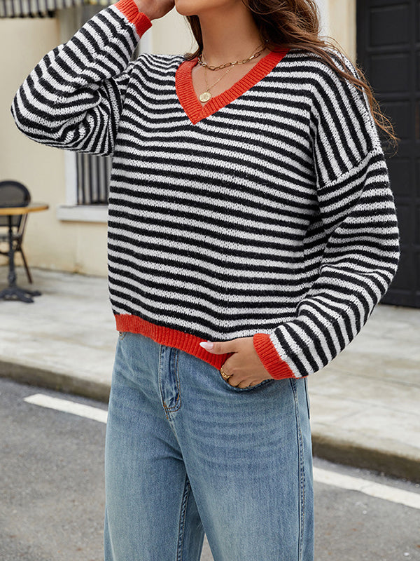 Long Sleeves Loose Contrast Color Jacquard Striped V-Neck Pullovers Sweater Tops