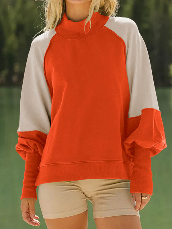 Long Sleeves Loose Contrast Color Pleated Split-Joint Round-Neck Sweatshirt Tops