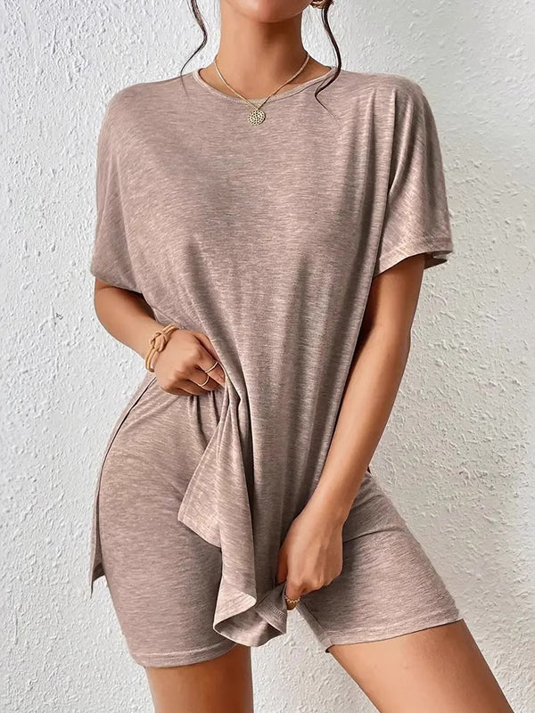 Loose Raglan Sleeve Solid Color Split-Joint Split-Side Round-Neck Pajama Sets