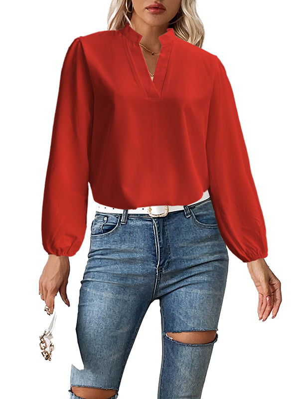 Long Sleeves Loose Elasticity Solid Color Stand Collar Blouses&Shirts Tops