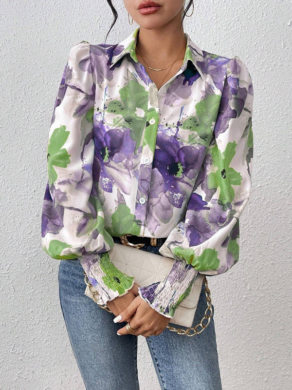 Long Sleeves Loose Buttoned Elasticity Flower Print Pleated Lapel Blouses&Shirts Tops