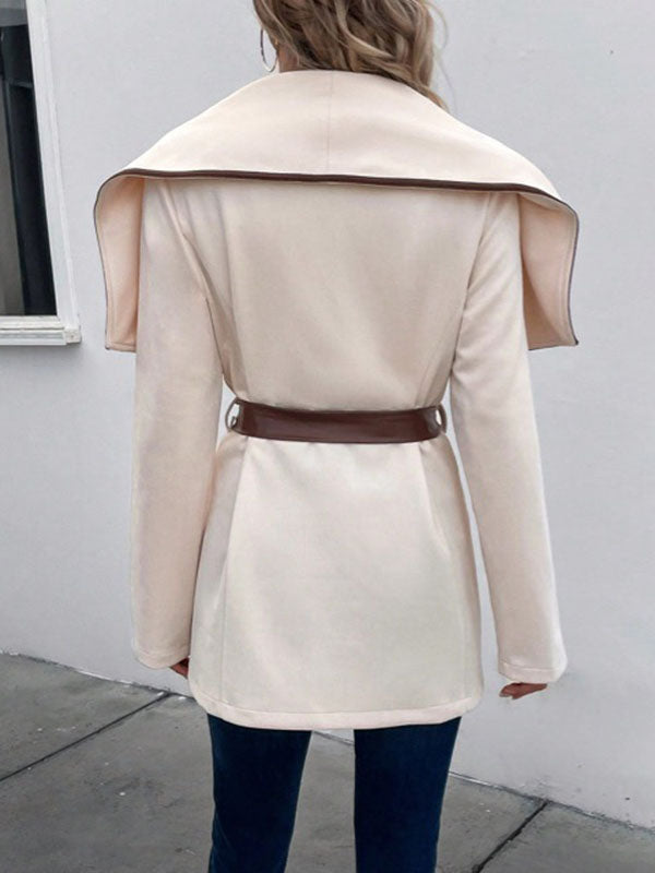 Long Sleeves Loose Contrast Color Tied Waist Lapel Outerwear