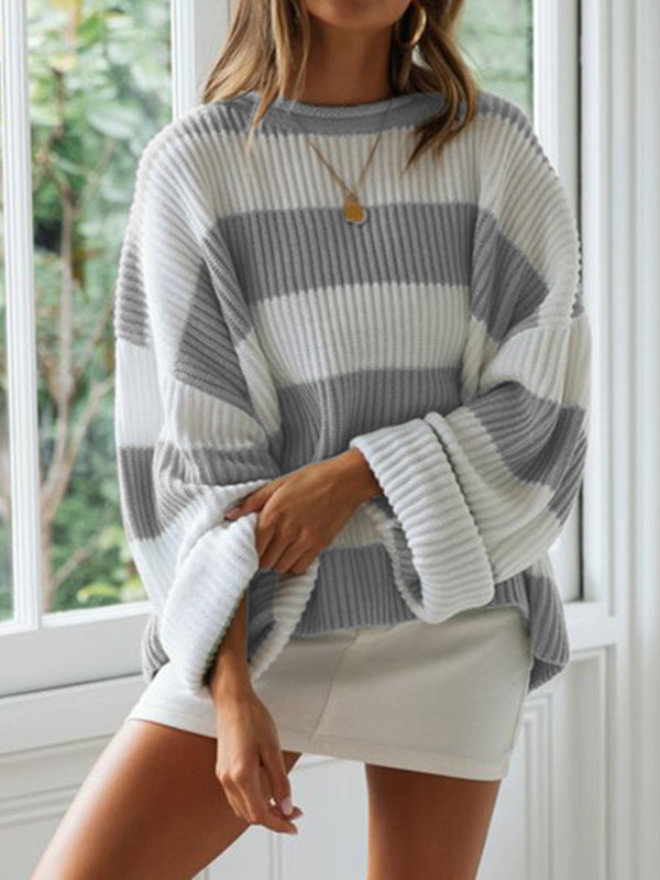 Long Sleeves Loose Contrast Color Striped Round-Neck Pullovers Sweater Tops