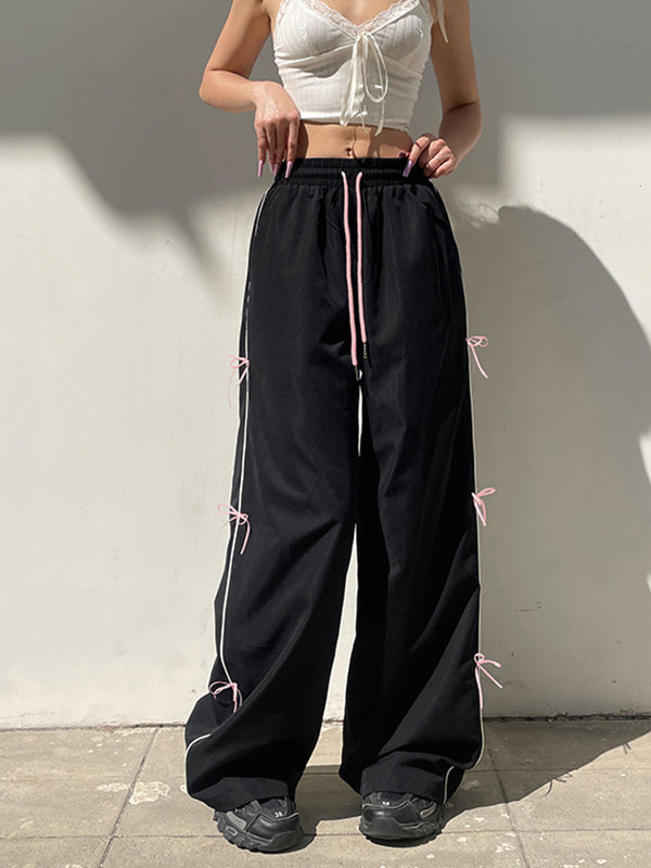 Loose Wide Leg Bowknot Drawstring Elasticity Split-Joint Pants Trousers